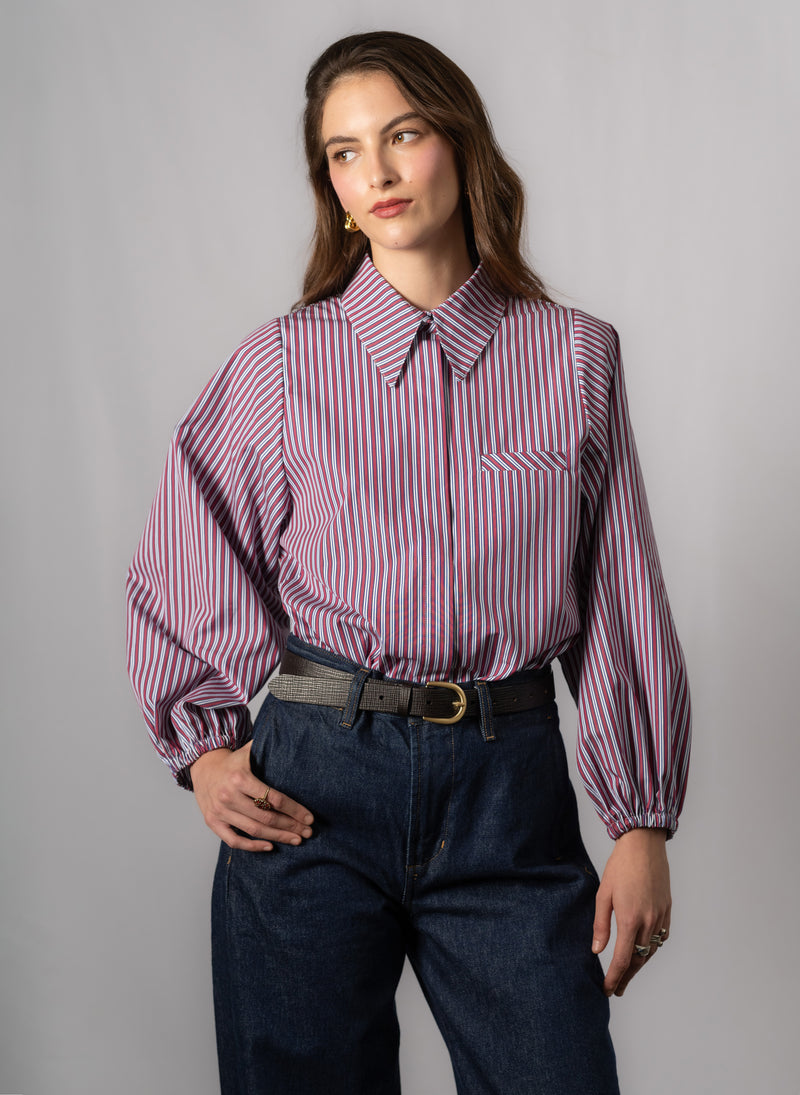 Candice Burgundy Stripe Contemporary Blouson Sleeve Cotton Shirt