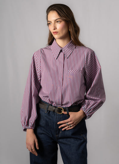 Candice Burgundy Stripe Contemporary Blouson Sleeve Cotton Shirt