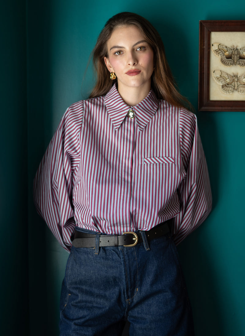 Candice Burgundy Stripe Contemporary Blouson Sleeve Cotton Shirt