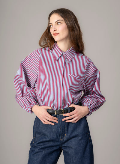 Candice Burgundy Stripe Contemporary Blouson Sleeve Cotton Shirt