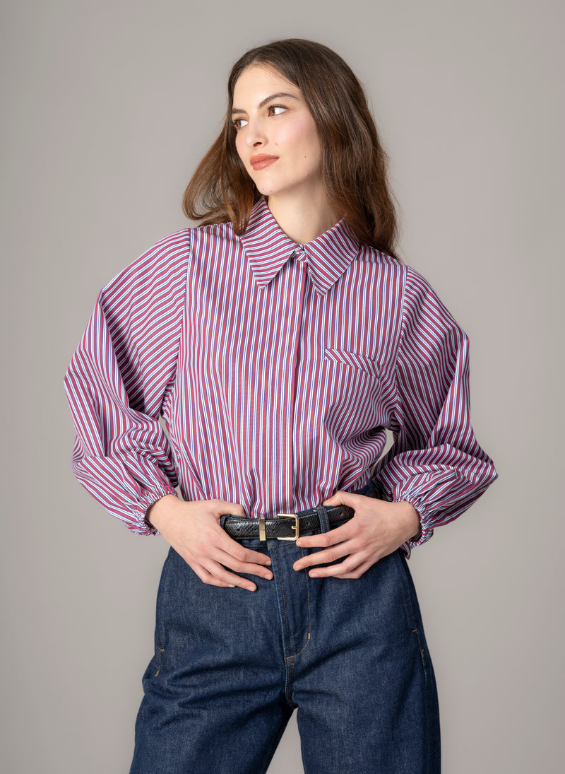 Candice Burgundy Stripe Contemporary Blouson Sleeve Cotton Shirt