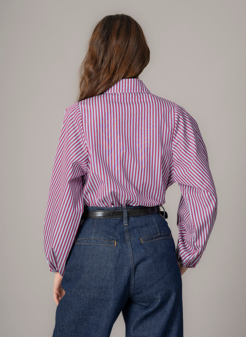 Candice Burgundy Stripe Contemporary Blouson Sleeve Cotton Shirt