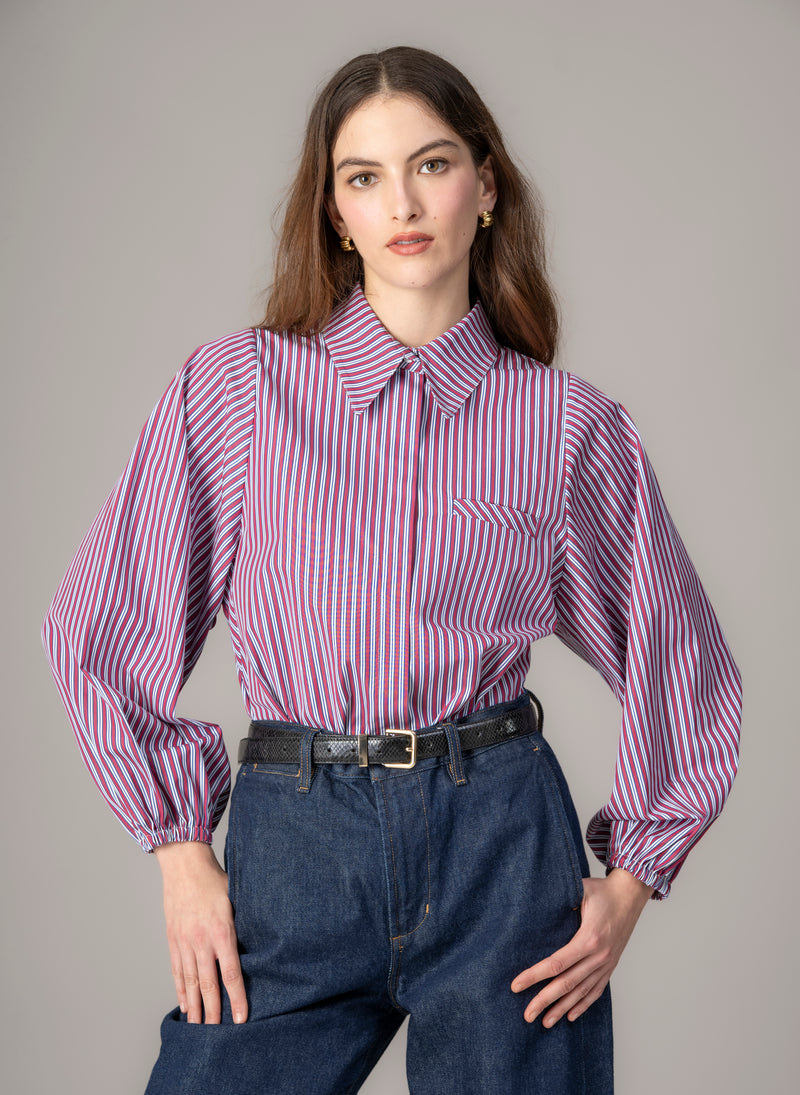 Candice Burgundy Stripe Contemporary Blouson Sleeve Cotton Shirt