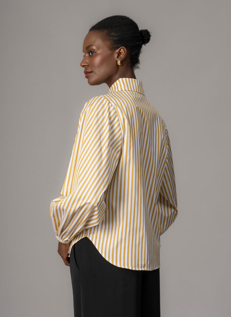 Candice Ochre Stripe Contemporary Blouson Sleeve Cotton Shirt