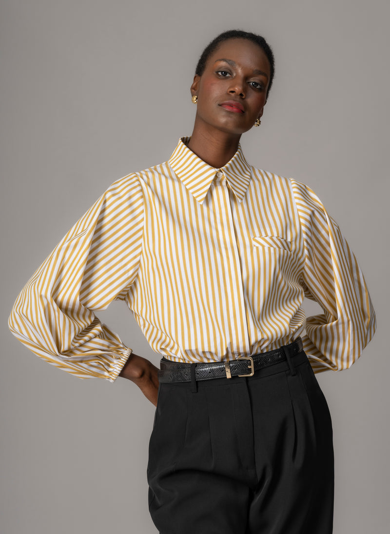 Candice Ochre Stripe Contemporary Blouson Sleeve Cotton Shirt