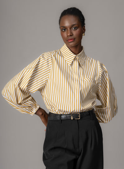 Candice Ochre Stripe Contemporary Blouson Sleeve Cotton Shirt