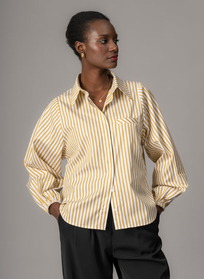Candice Ochre Stripe Contemporary Blouson Sleeve Cotton Shirt
