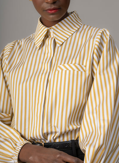 Candice Ochre Stripe Contemporary Blouson Sleeve Cotton Shirt