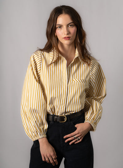 Candice Gold Stripe Contemporary Blouson Sleeve Cotton Shirt