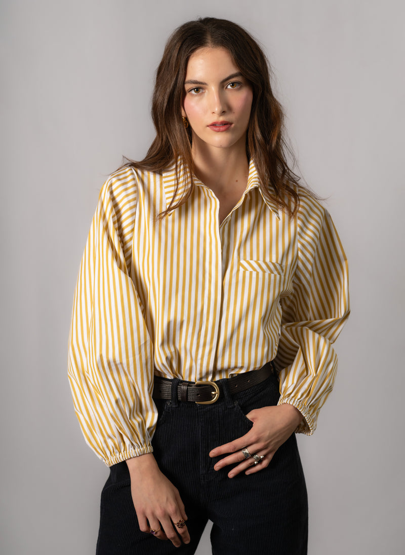 Candice Gold Stripe Contemporary Blouson Sleeve Cotton Shirt