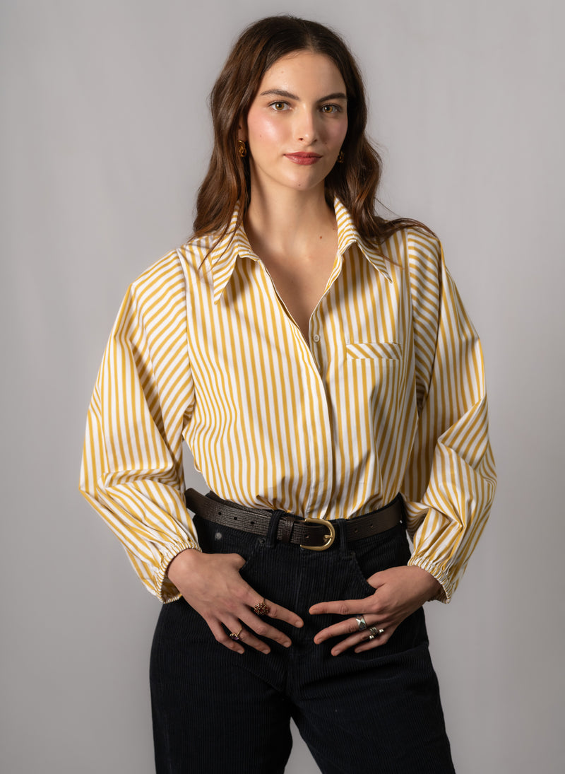 Candice Gold Stripe Contemporary Blouson Sleeve Cotton Shirt