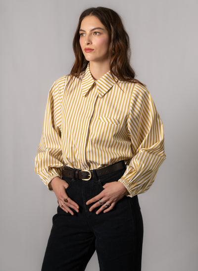 Candice Gold Stripe Contemporary Blouson Sleeve Cotton Shirt
