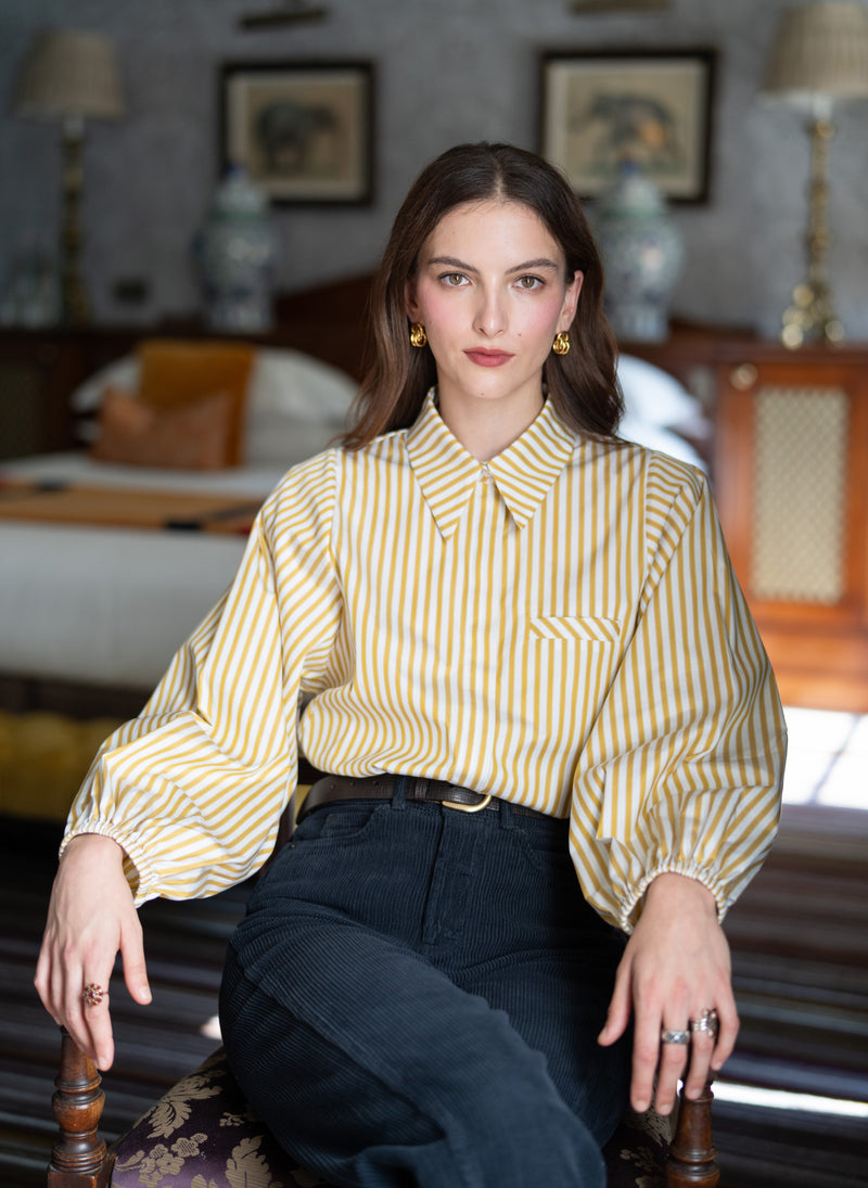 Candice Gold Stripe Contemporary Blouson Sleeve Cotton Shirt
