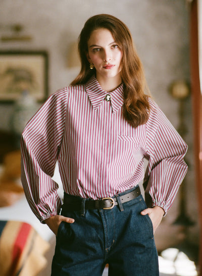 Candice Burgundy Stripe Contemporary Blouson Sleeve Cotton Shirt