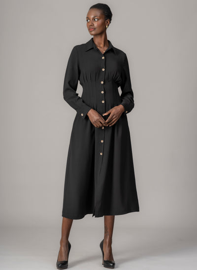 Cara Black Waist Defining Fit and Flare Midi Shirt Dress
