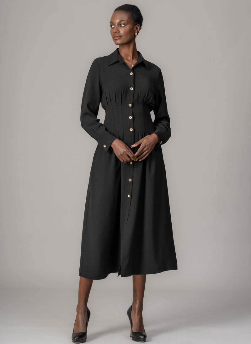 Cara Black Waist Defining Fit and Flare Midi Shirt Dress