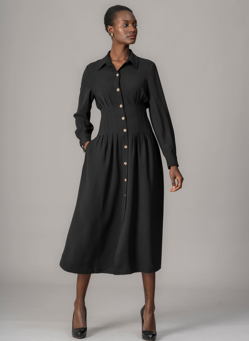 Cara Black Waist Defining Fit and Flare Midi Shirt Dress