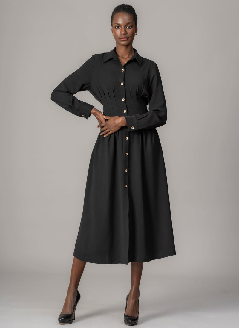 Cara Black Waist Defining Fit and Flare Midi Shirt Dress