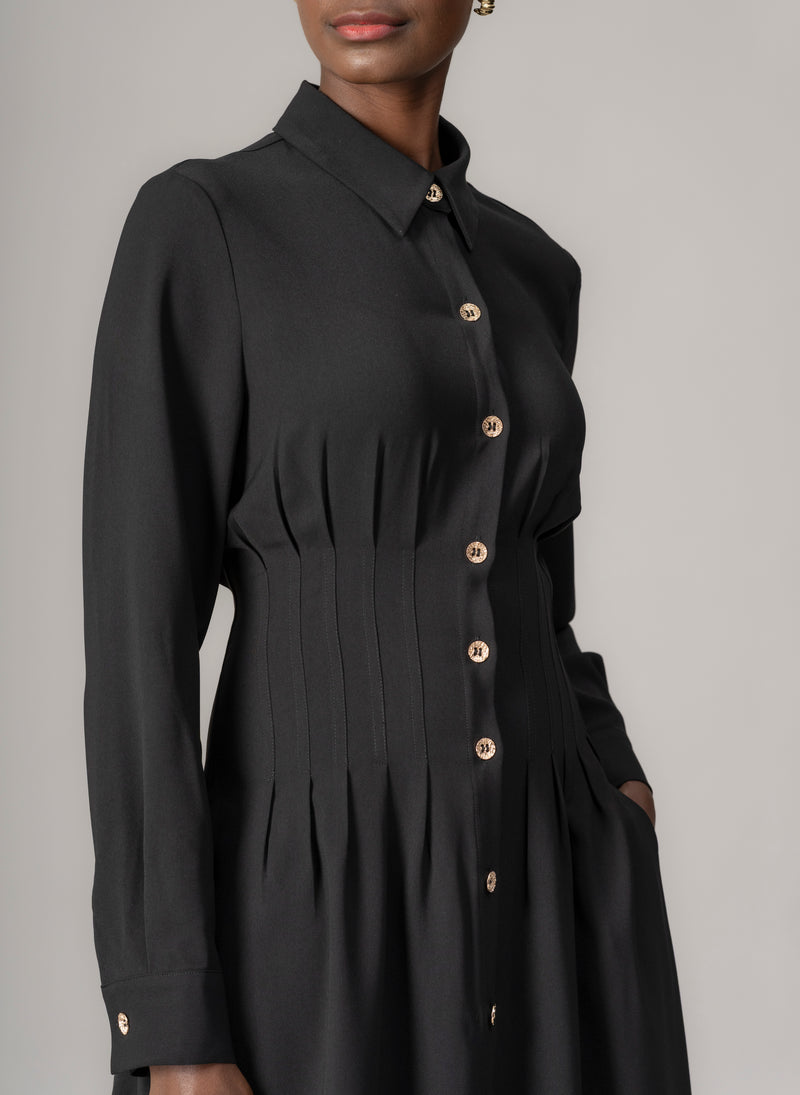 Cara Black Waist Defining Fit and Flare Midi Shirt Dress