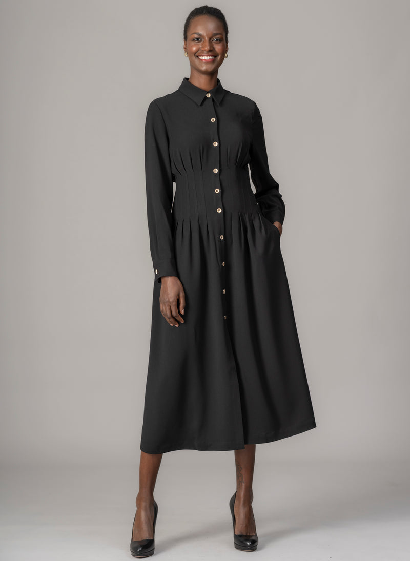Cara Black Waist Defining Fit and Flare Midi Shirt Dress