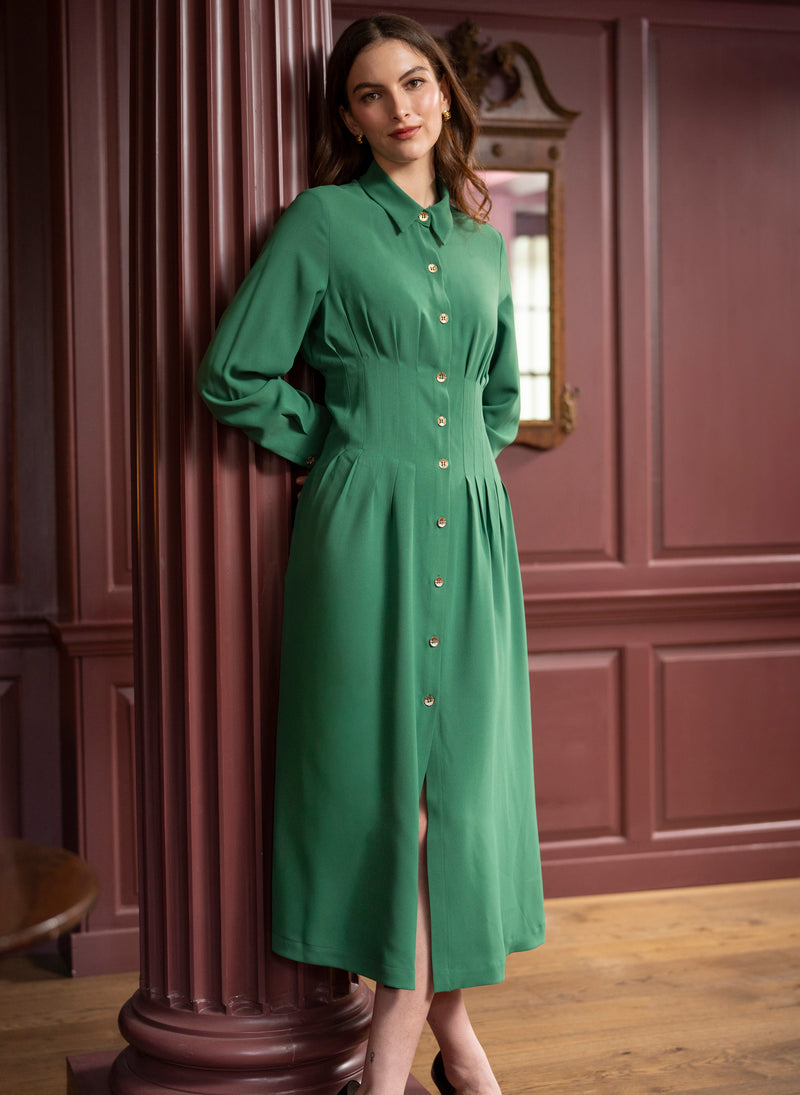 Cara Emerald Waist Defining Fit and Flare Midi Shirt Dress