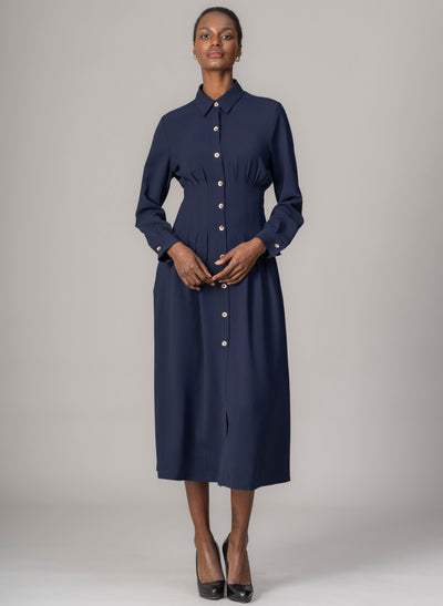 Cara Navy Waist Defining Fit and Flare Midi Shirt Dress