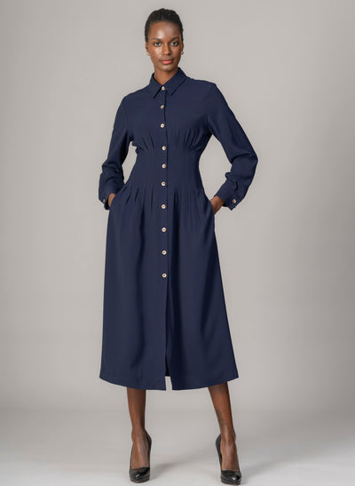 Cara Navy Waist Defining Fit and Flare Midi Shirt Dress