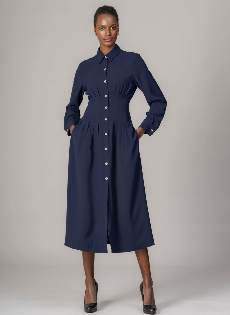 Cara Navy Waist Defining Fit and Flare Midi Shirt Dress