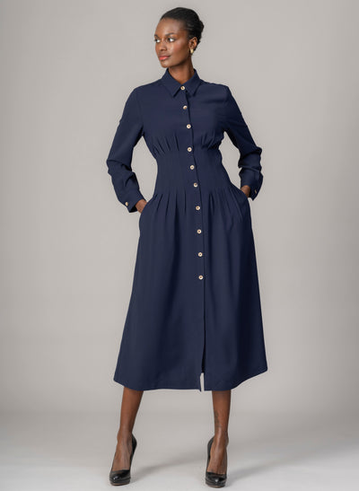 Cara Navy Waist Defining Fit and Flare Midi Shirt Dress