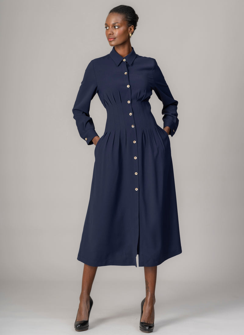 Cara Navy Waist Defining Fit and Flare Midi Shirt Dress