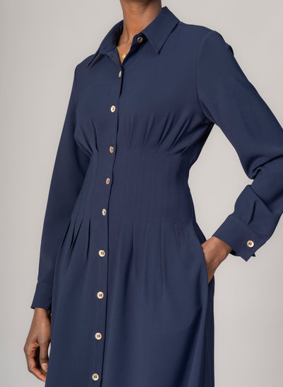 Cara Navy Waist Defining Fit and Flare Midi Shirt Dress