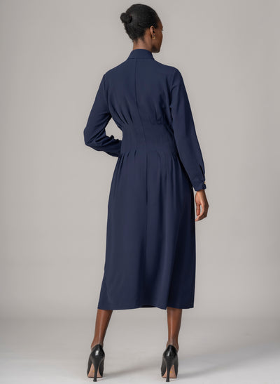 Cara Navy Waist Defining Fit and Flare Midi Shirt Dress