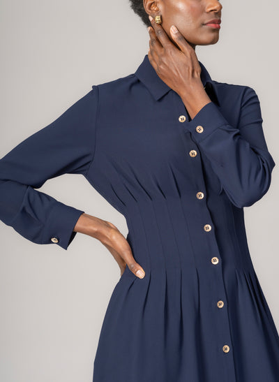 Cara Navy Waist Defining Fit and Flare Midi Shirt Dress