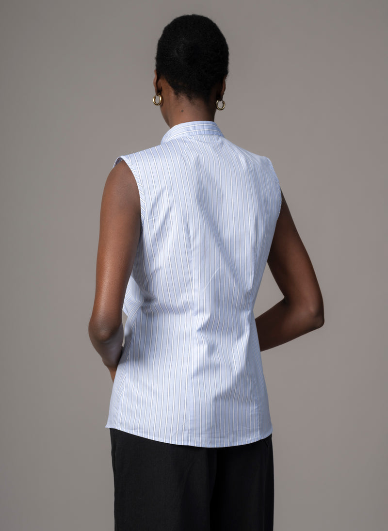 Cecilia Blue Stripe Cotton Poplin Sleeveless Frill Front Shirt