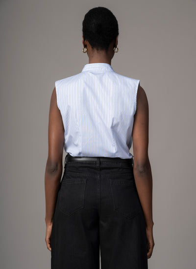 Cecilia Blue Stripe Cotton Poplin Sleeveless Frill Front Shirt