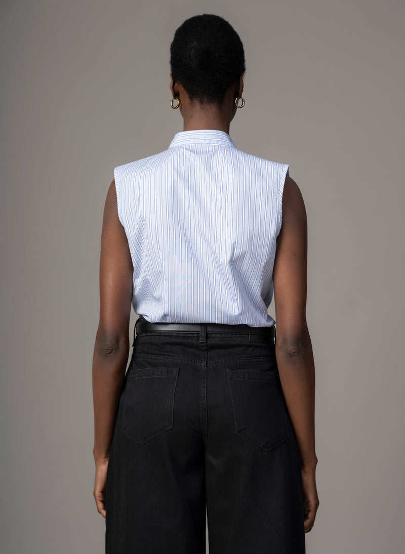 Cecilia Blue Stripe Cotton Poplin Sleeveless Frill Front Shirt