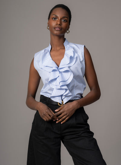 Cecilia Blue Stripe Cotton Poplin Sleeveless Frill Front Shirt