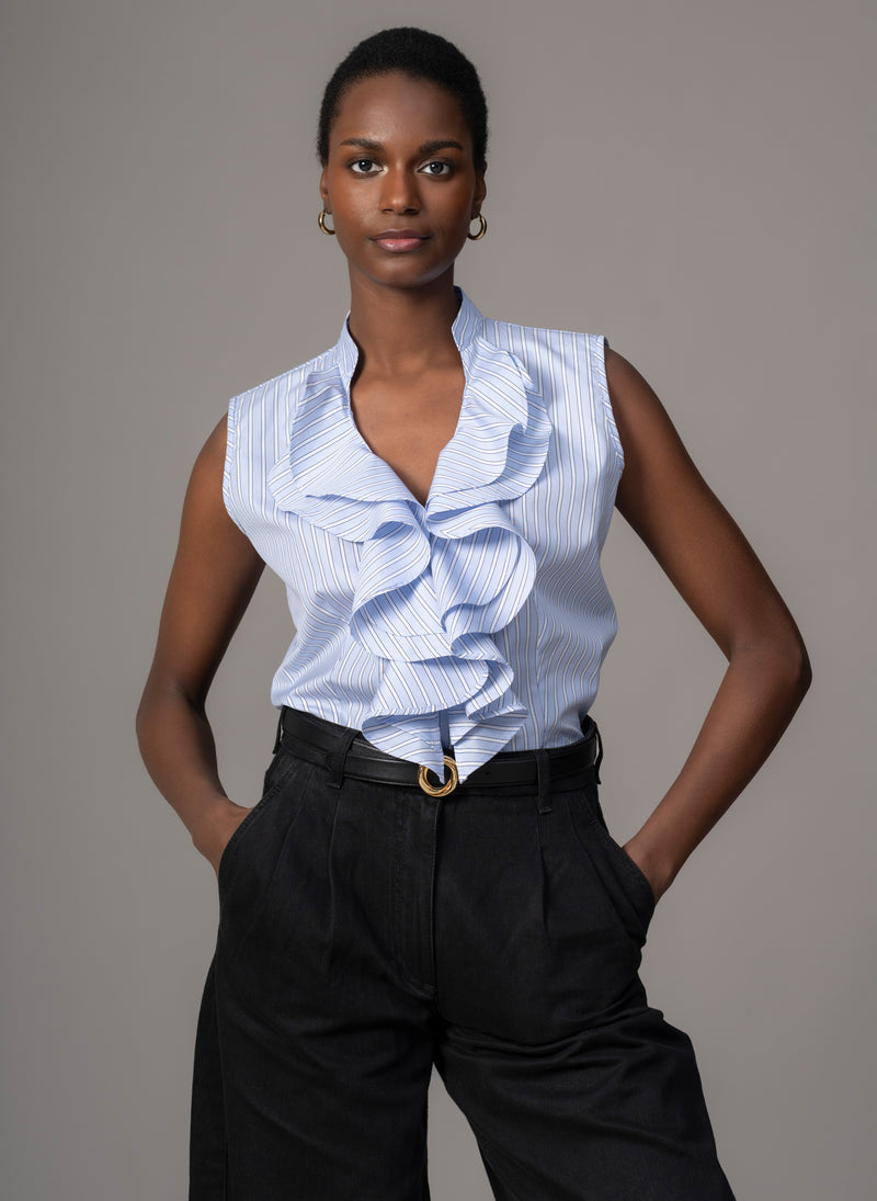Cecilia Blue Stripe Cotton Poplin Sleeveless Frill Front Shirt