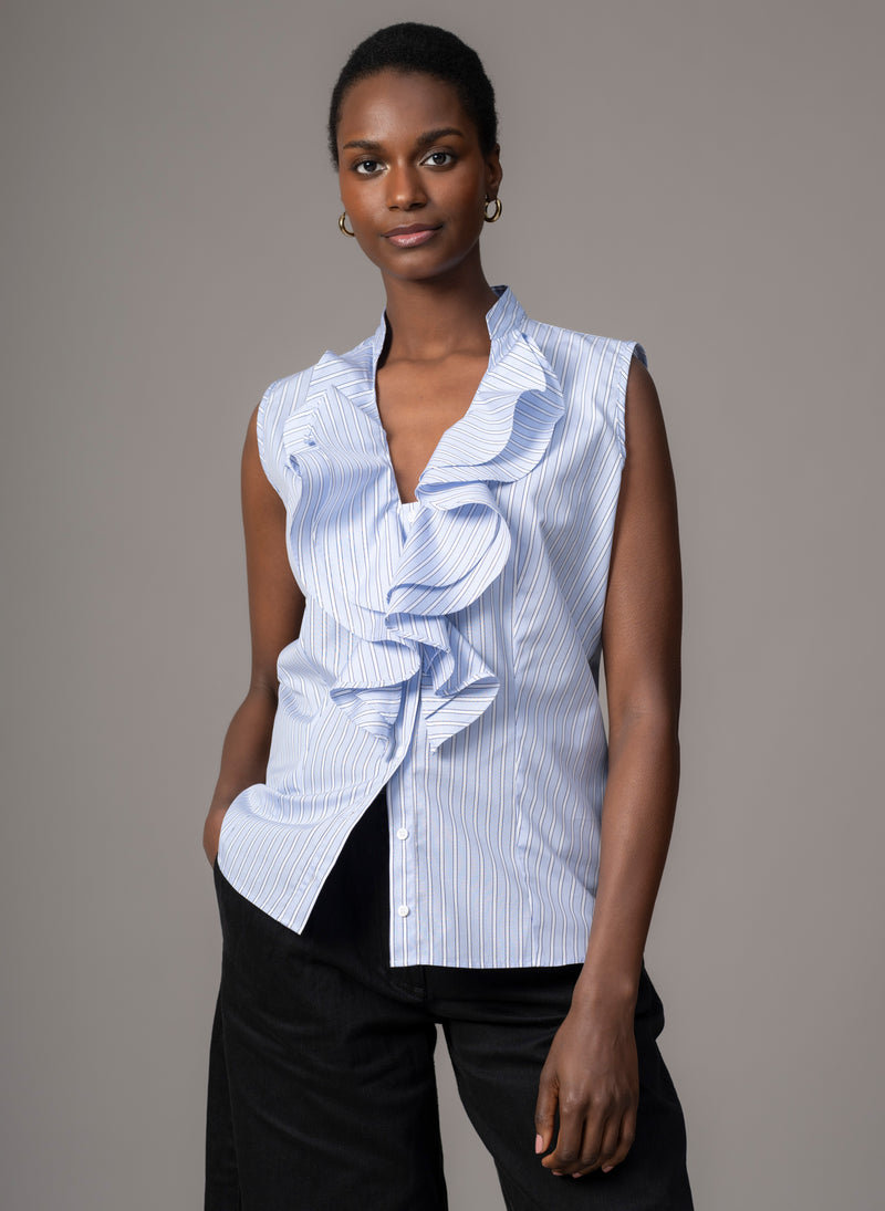 Cecilia Blue Stripe Cotton Poplin Sleeveless Frill Front Shirt