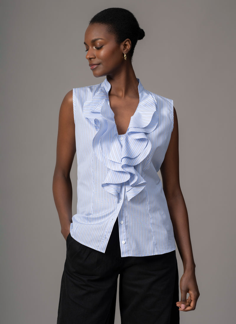 Cecilia Blue Stripe Cotton Poplin Sleeveless Frill Front Shirt