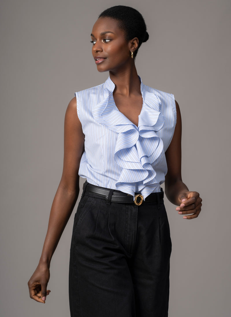 Cecilia Blue Stripe Cotton Poplin Sleeveless Frill Front Shirt