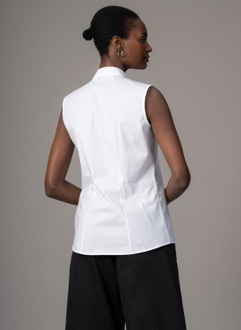 Cecilia White Cotton Poplin Sleeveless Frill Front Shirt