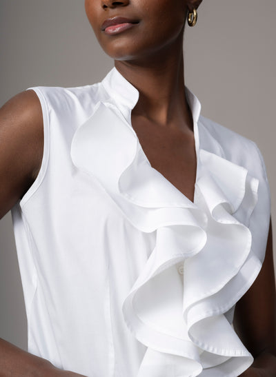 Cecilia White Cotton Poplin Sleeveless Frill Front Shirt