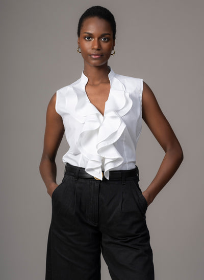 Cecilia White Cotton Poplin Sleeveless Frill Front Shirt