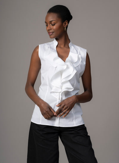 Cecilia White Cotton Poplin Sleeveless Frill Front Shirt