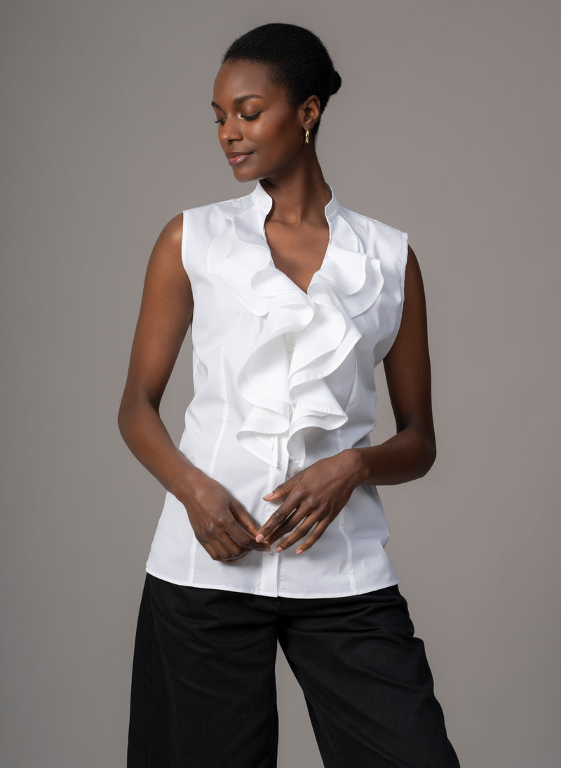 Cecilia White Cotton Poplin Sleeveless Frill Front Shirt