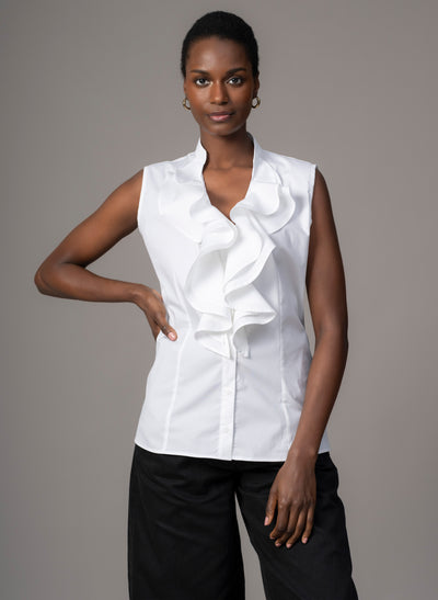 Cecilia White Cotton Poplin Sleeveless Frill Front Shirt