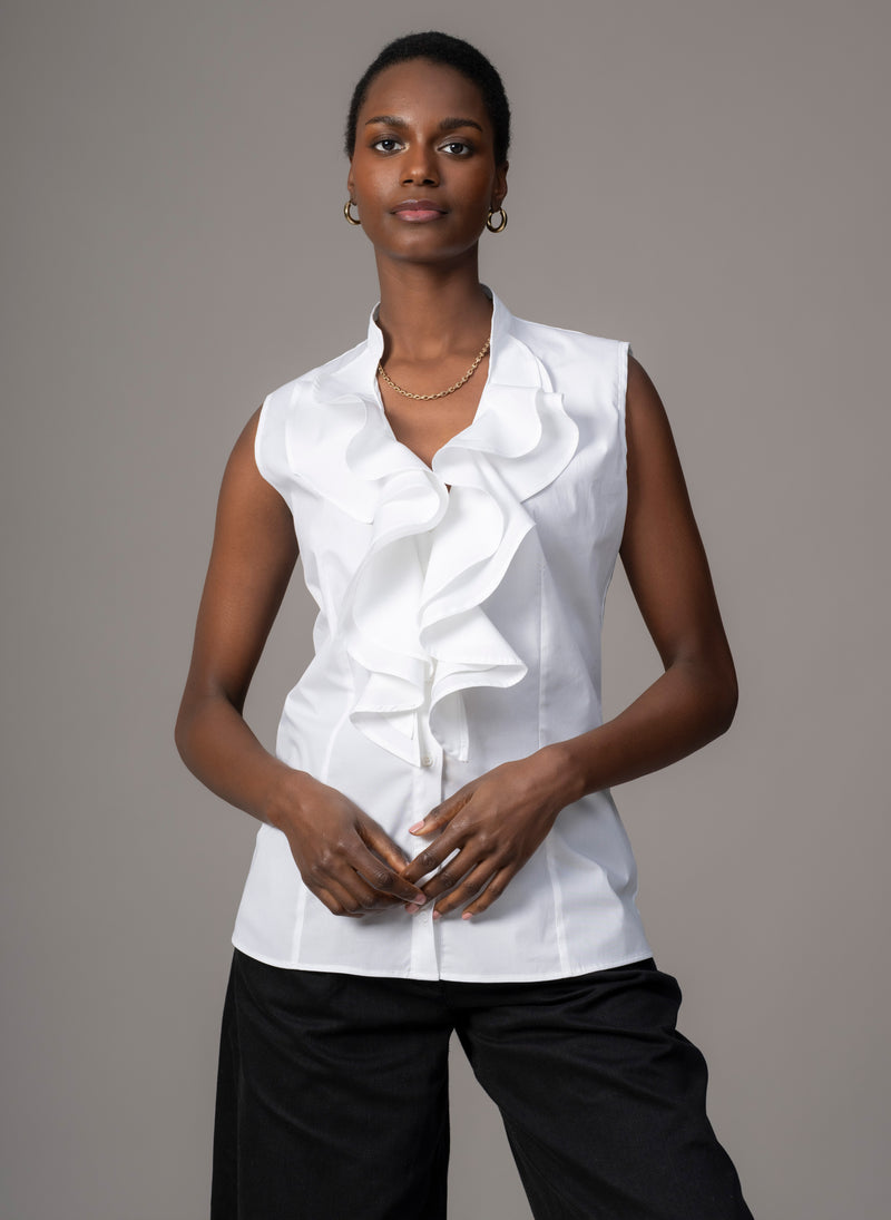 Cecilia White Cotton Poplin Sleeveless Frill Front Shirt