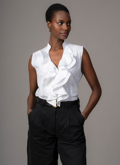 Cecilia White Cotton Poplin Sleeveless Frill Front Shirt