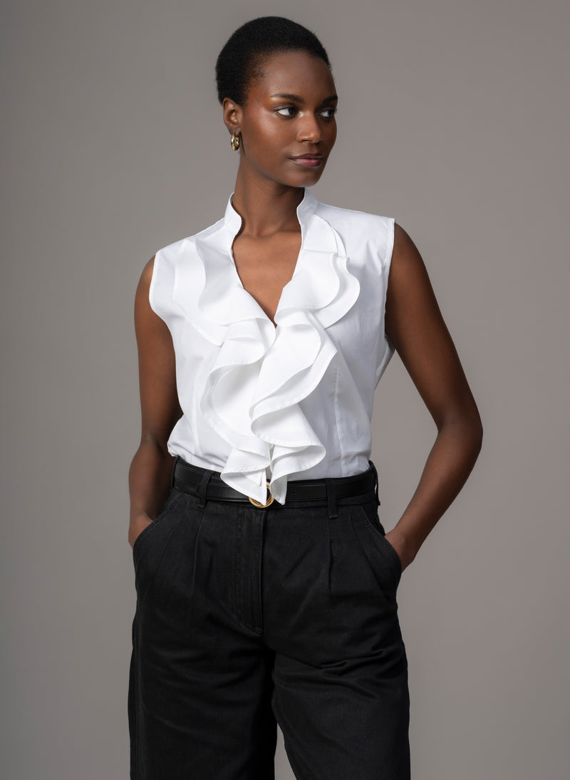 Cecilia White Cotton Poplin Sleeveless Frill Front Shirt